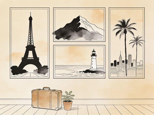 Mur galerie d'affiches de voyage vintage avec valise et plante, illustration ligne noire sur fond beige