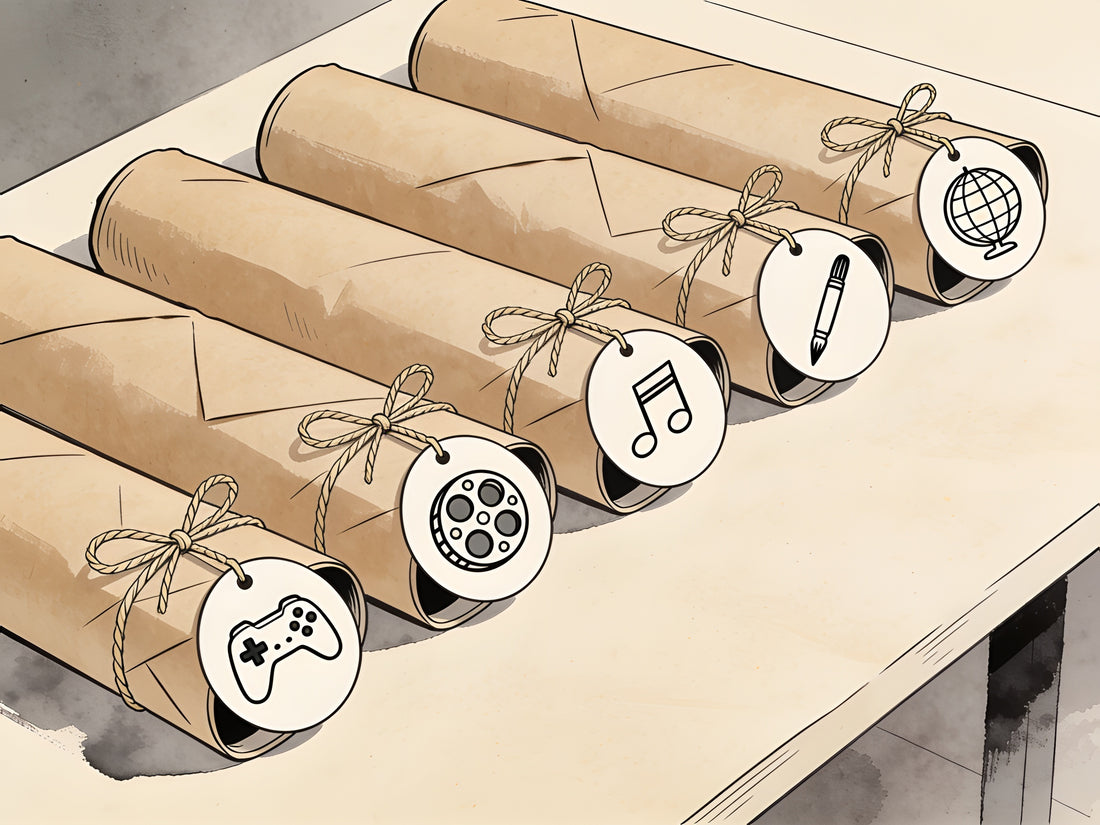Illustration de tubes cadeaux emballés en kraft avec étiquettes passions (gaming, cinéma, musique, art, voyage) pour un poster à offrir