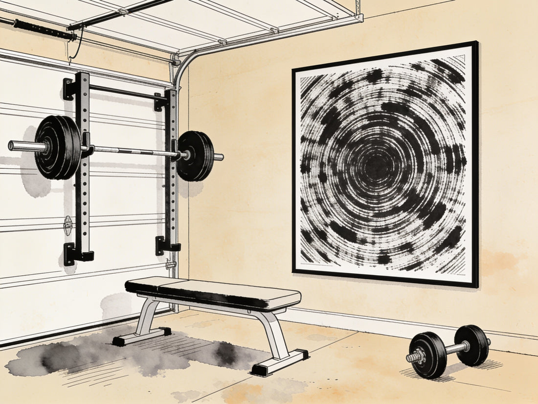 Illustration ligne noire d'un coin home gym avec rack et une affiche encadrée abstraite