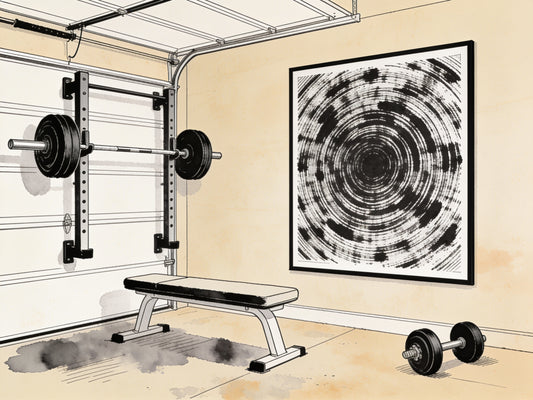 Illustration ligne noire d'un coin home gym avec rack et une affiche encadrée abstraite