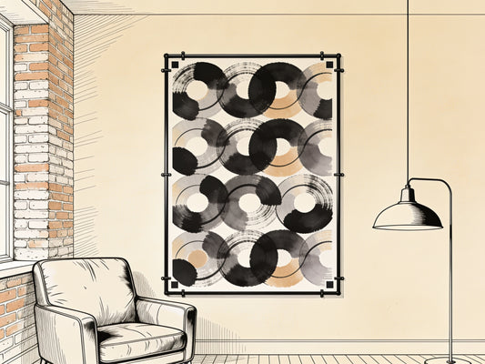 Affiche style industriel encadrée métal noir sur mur de brique dans un loft, illustration ligne noire sur fond beige