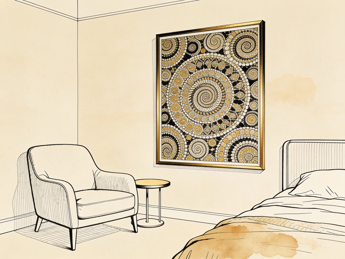 Illustration ligne noire et or d'une chambre avec un poster Klimt encadré style Le Baiser