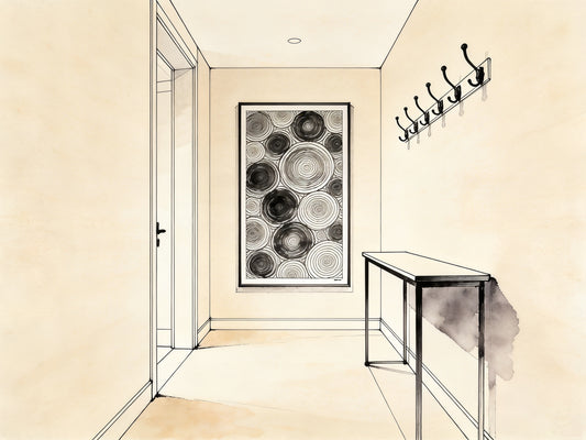 Affiche encadrée dans un couloir d'entrée, illustration ligne noire style architecte